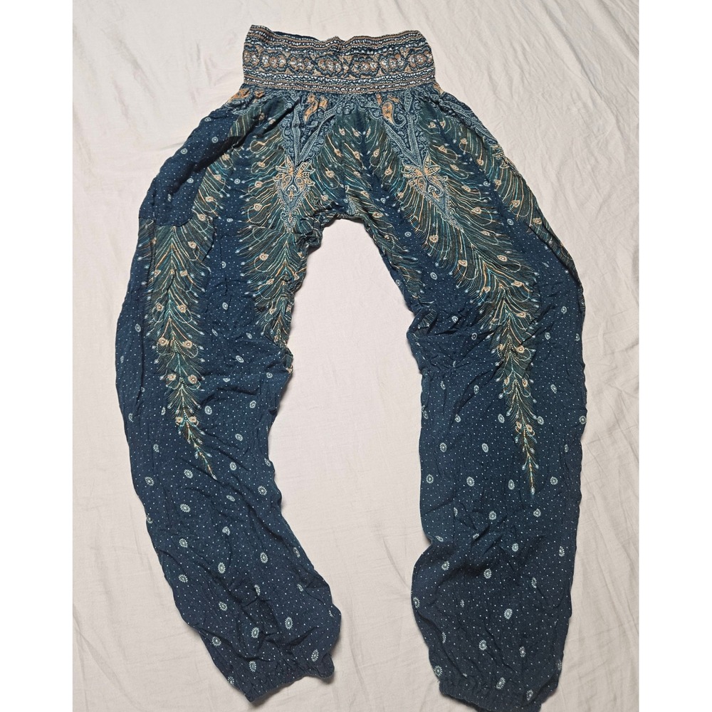 Bangkokpants Harem Pants Womens One Size Blue Peacock Boho Yoga Rayon Joggers